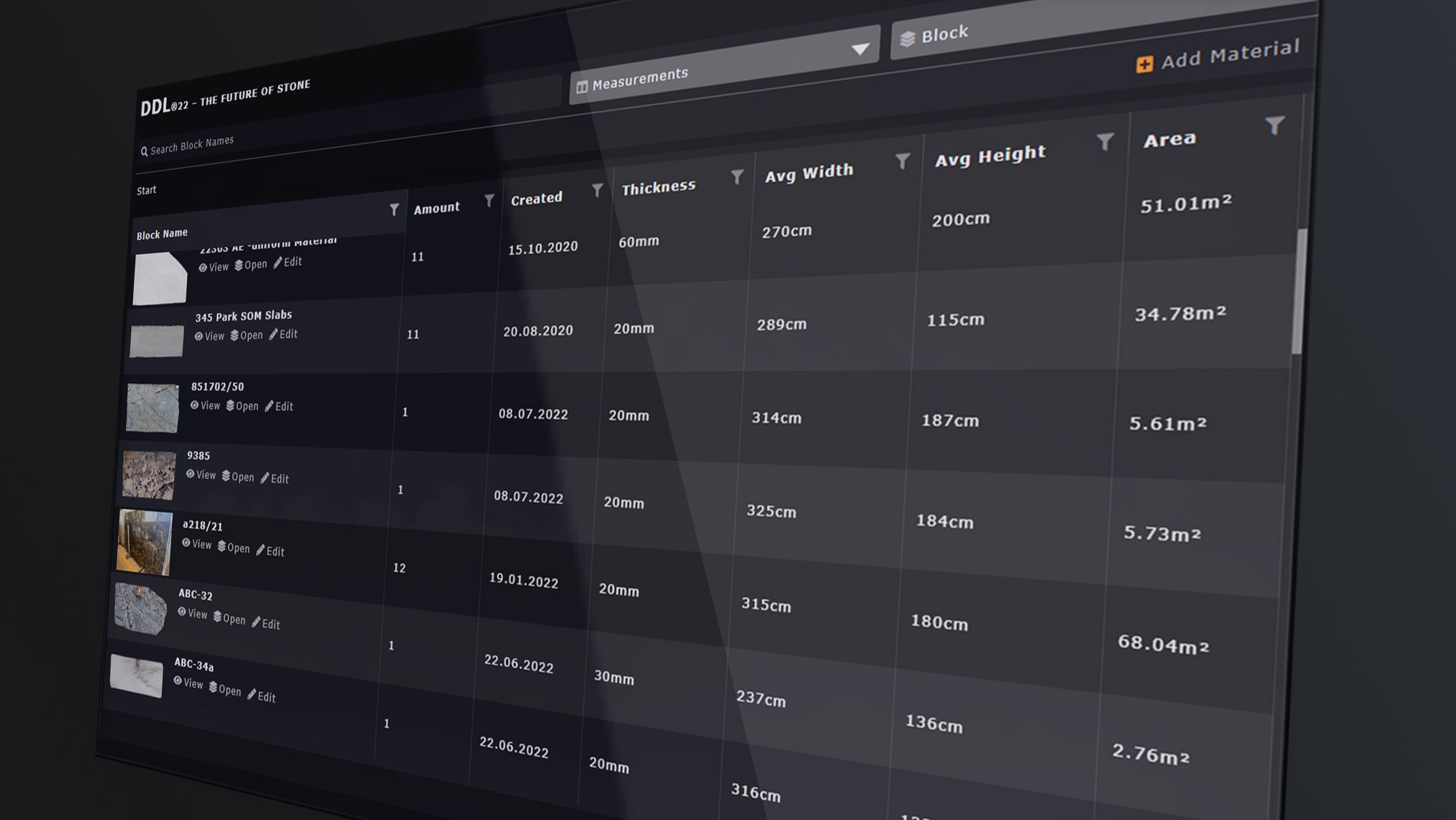 Screenshot of the slab inventory management software