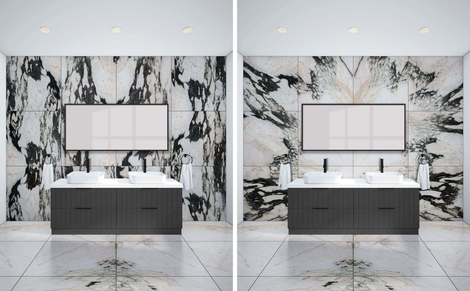 La même salle de bains deux fois, côte à côte : à gauche avec des tranches en blending, à droite posées en miroir avec une figure symétrique au-dessus du miroir.