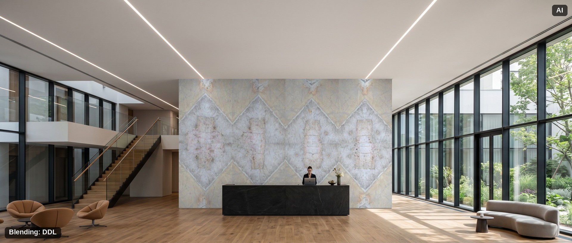 Hall d'hôtel avec un mur en bookmatch de quartzite Patagonia derrière le comptoir d'accueil. Pièce générée par IA, surface murale composée dans DDL à partir de photos réelles de tranches.