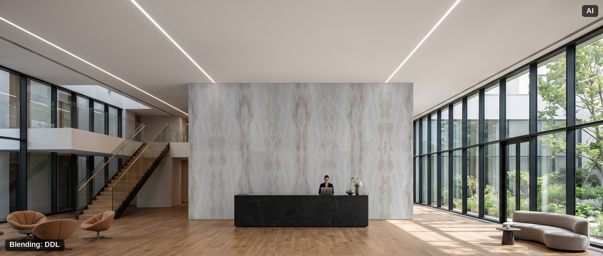 Le même hall d'hôtel avec un bookmatch plus calme en marbre Lasa Fantastico derrière le comptoir d'accueil. Pièce générée par IA, surface murale composée dans DDL à partir de photos réelles de tranches.