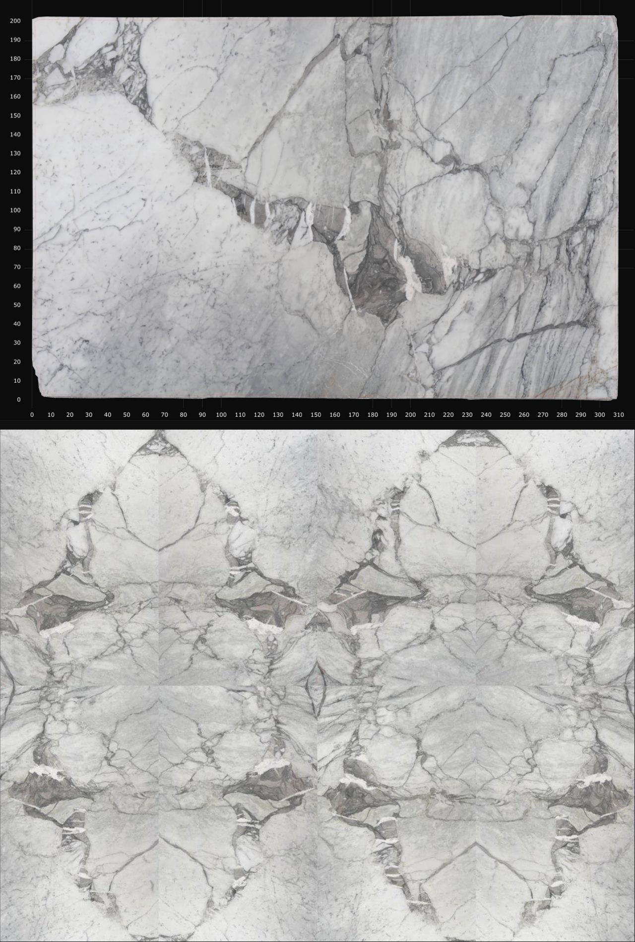 Marbre Arabescato : en haut une tranche brute avec une échelle en centimètres, en bas le motif en bookmatch formé par plusieurs tranches en miroir du même bloc, composé dans DDL à partir de photos réelles de tranches.