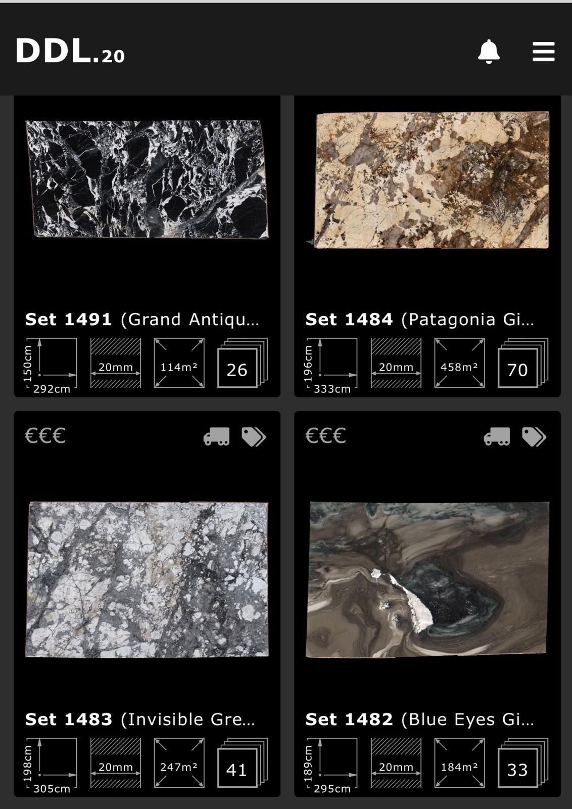 DDL Steingalerie — plattenbasierte Lagerverwaltung mit Fotos, Maßen und Bestandsstatus