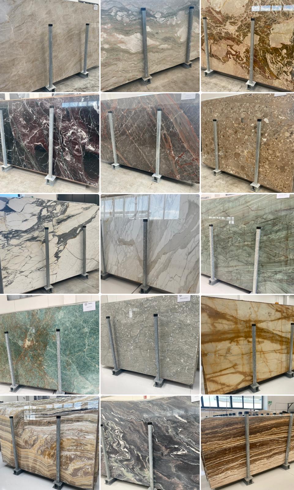 Natursteinplatten verschiedener Sorten auf A-Böcken im Plattenlager