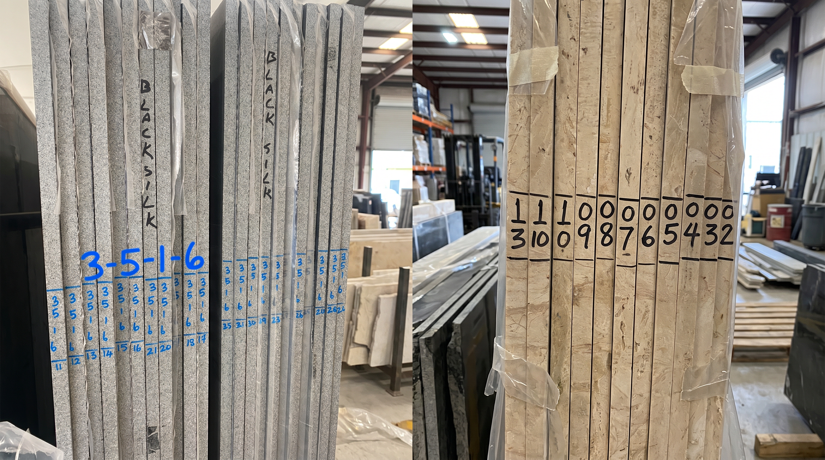 Analoge Beschriftung in der Praxis: Filzstift auf Plattenkante, Material-Code und handgemalte Zahlen — zwei Beispiele aus dem Betriebsalltag.