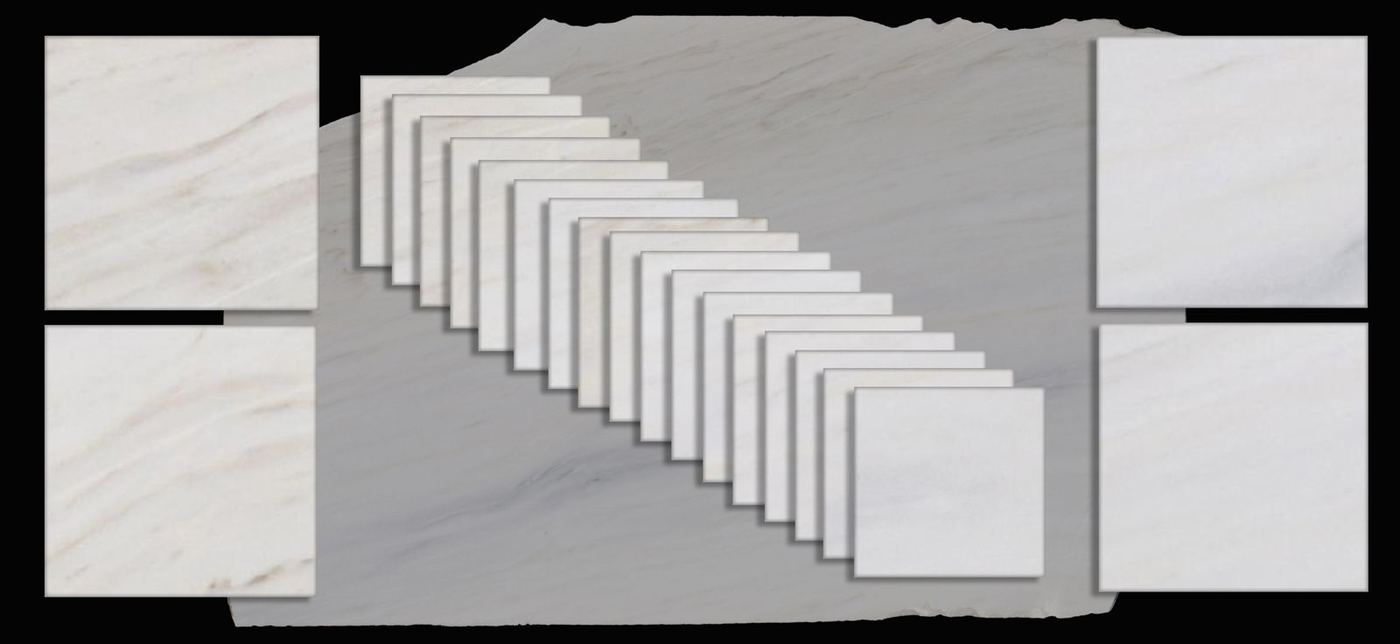 Petits échantillons trompent — la dalle dit la vérité — Sample-Ausschnitte aus einem Slab Lasa Bianco Vena Oro