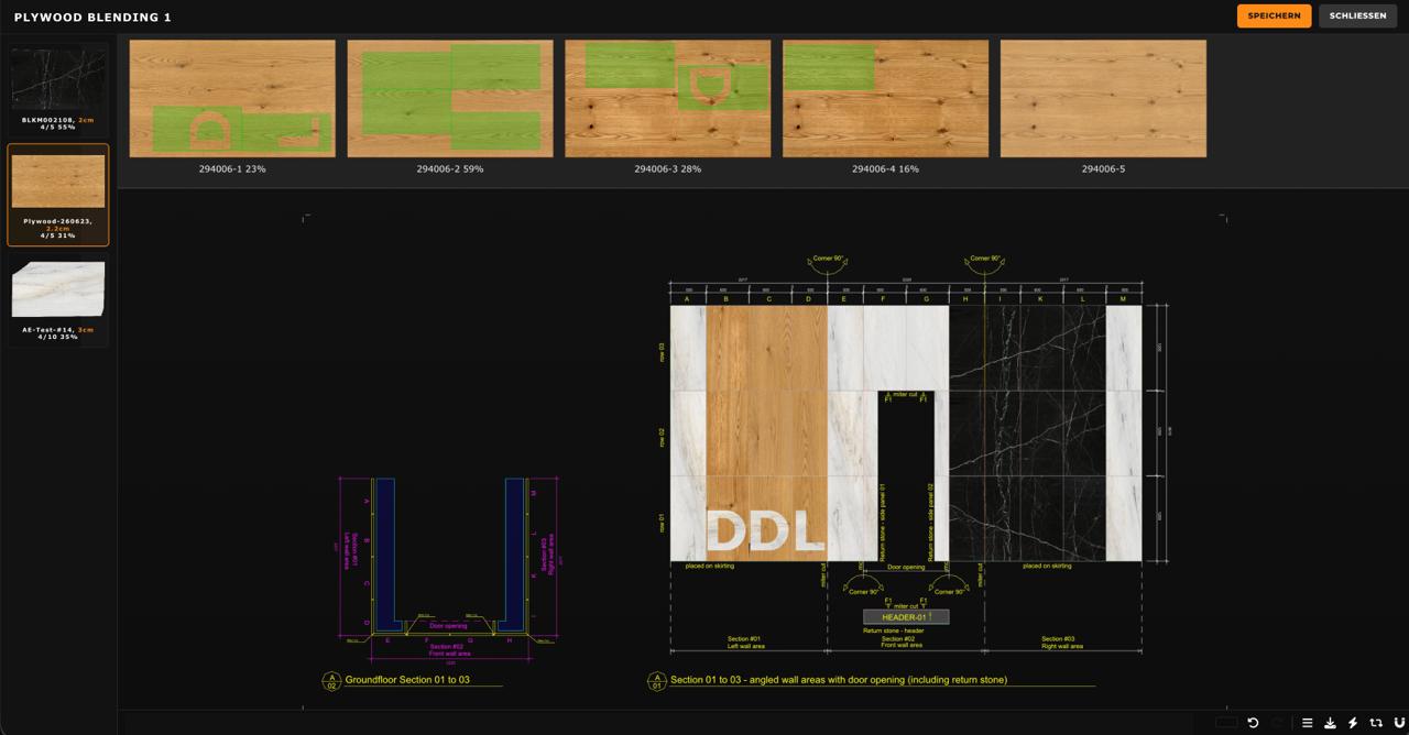 DDL Blending-Ansicht: Holz-Panels mit Zuschnitt und Auslastung