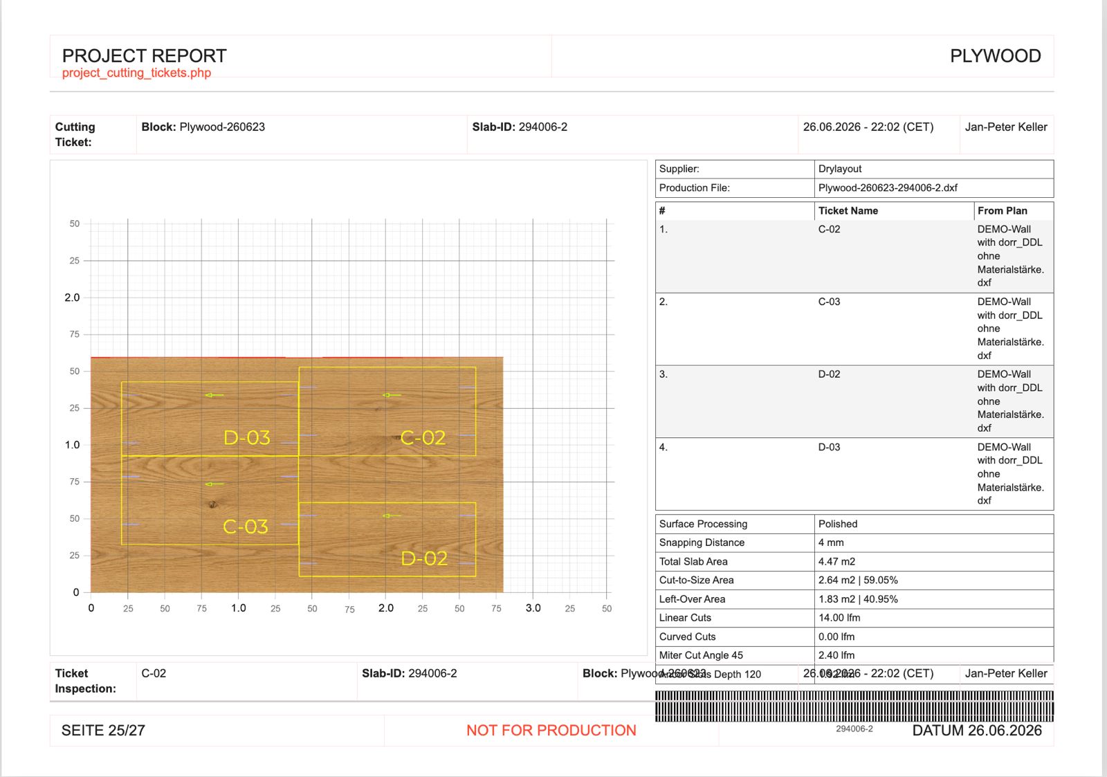 DDL Schnitt-Ticket mit DXF-Produktionsdaten für ein Holz-Panel