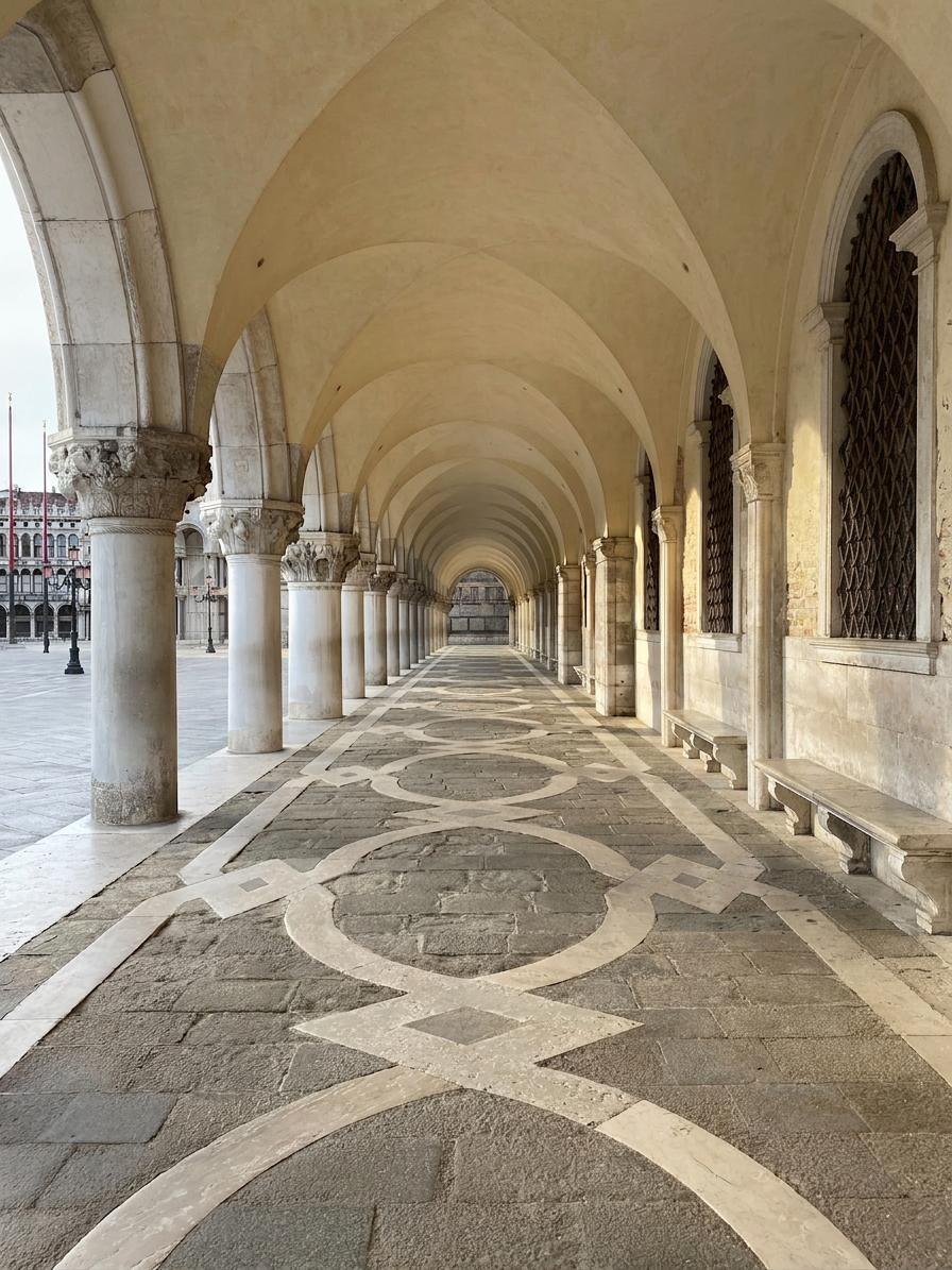 Arcade of the Doge's Palace in Venice: Istrian stone columns on a patterned stone floor